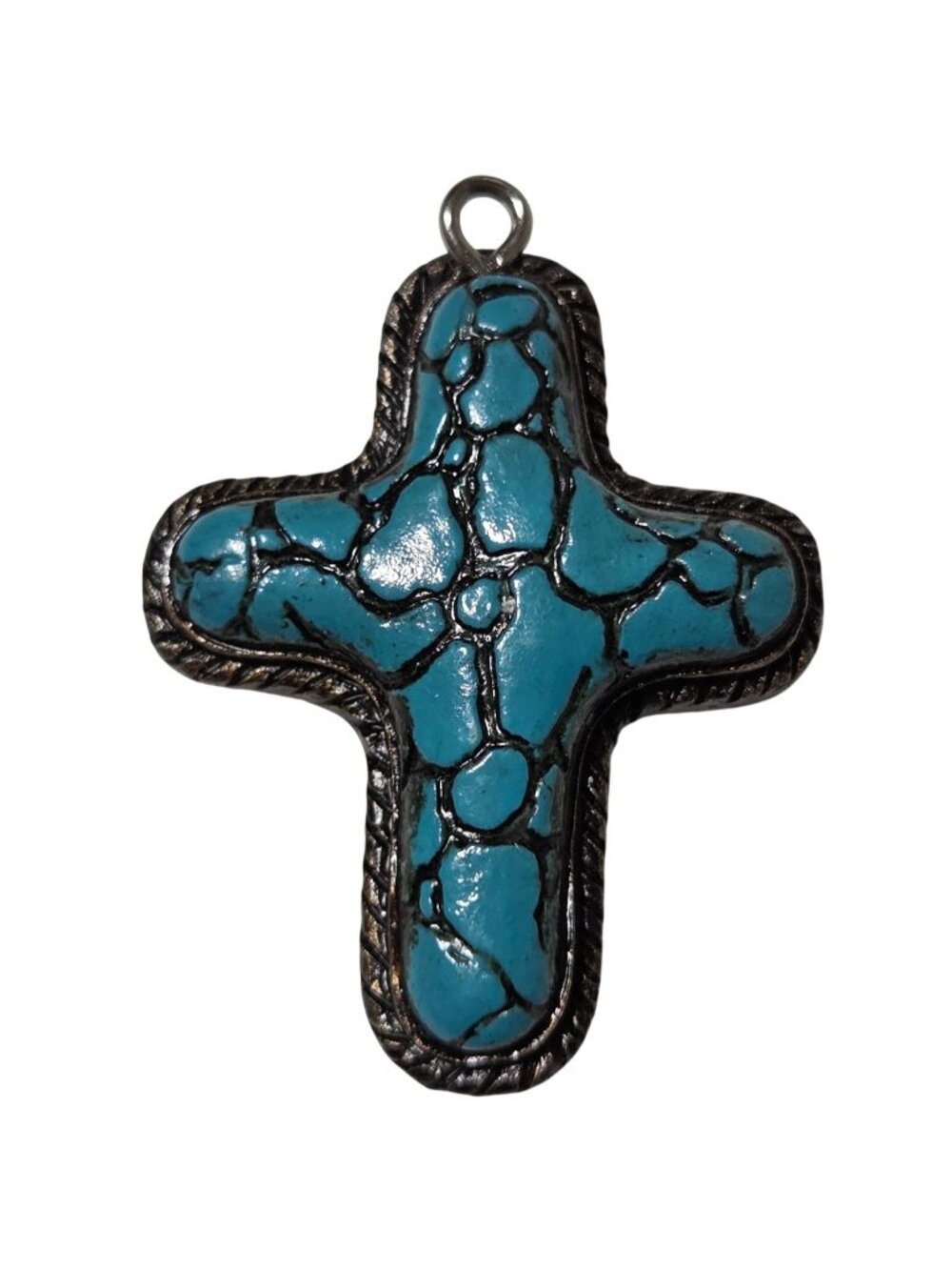 Turquoise Cross Pendant Antique Silver Tone Finish Religious Spiritual Jewelry